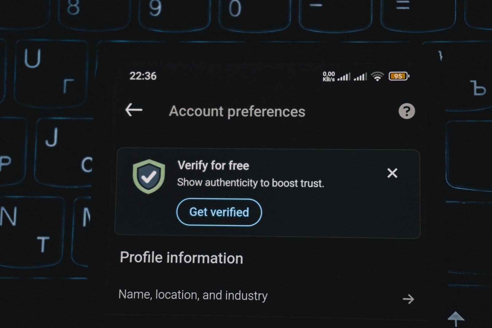 Account preferences screen with verification prompt